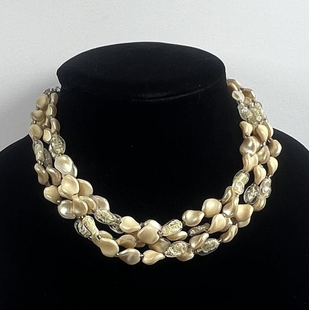 Vintage 3 Strand Teardrop & Coin Faux Pearls w Crystal Beads Statement Necklace